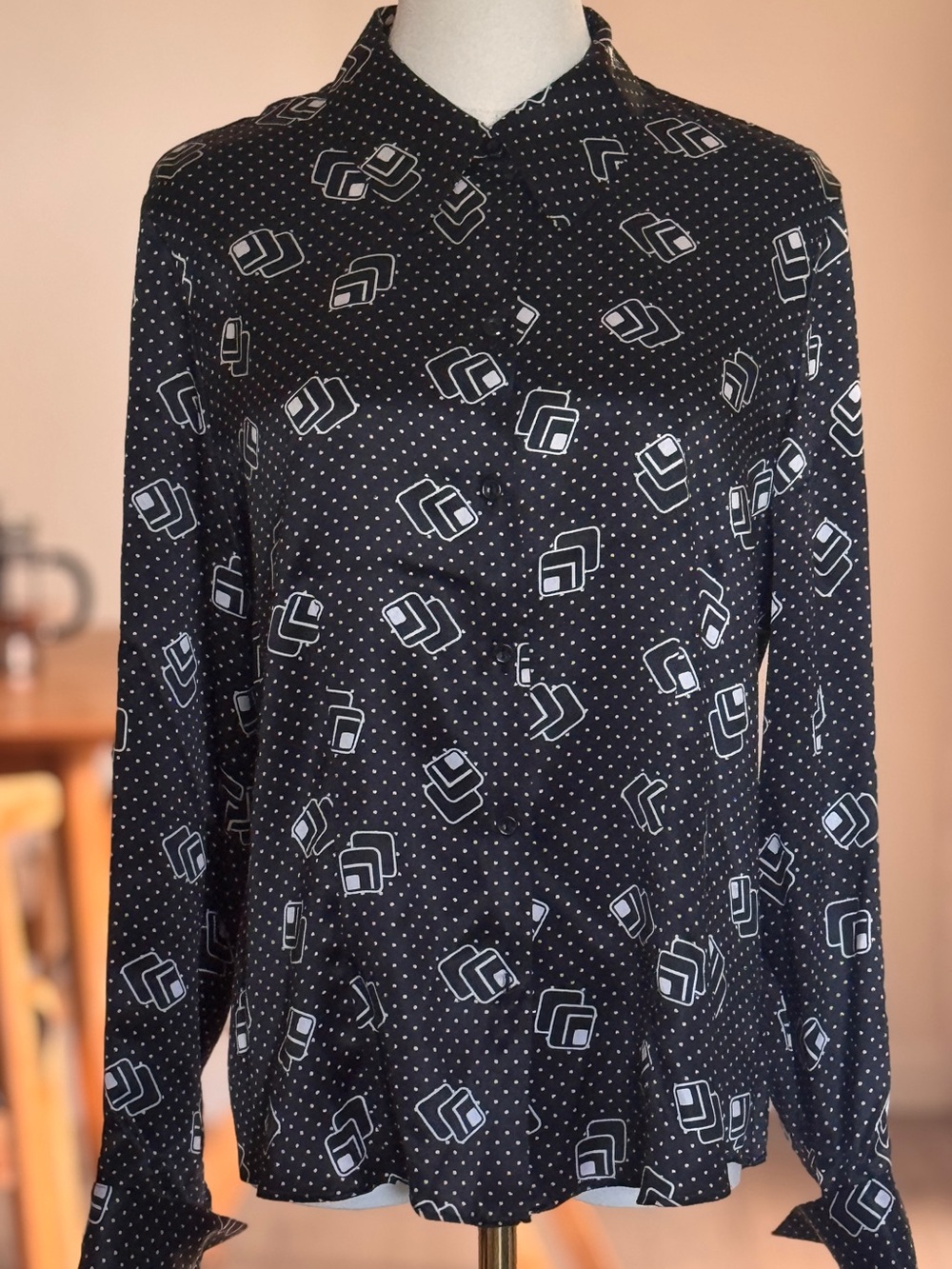 Style & Co. Black Silk Blouse with White Dot & Geometric Print